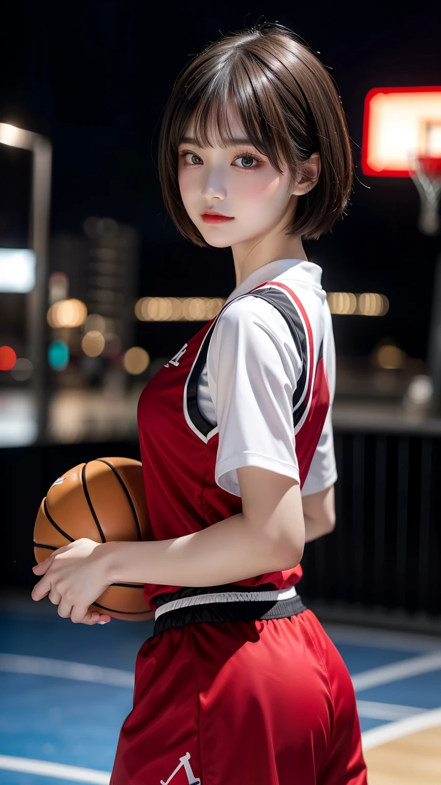 masterpiece, best quality, 1girl, solo, EPfeNil, short hair, black hair, red eyes, hair between eyes, holding basket, basketball uniform, air_jordan_1, basketball court, outdoors, skyline, night sky, night,