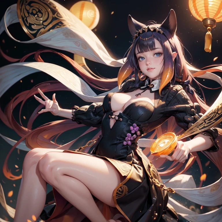Ninomae Ina'nis, VTuber, 1 girl, solo, alone, violet hair, orange hair, multicolored hair, long hair, ornament hair, cat ears, perfectly body, perfectly hands, flowing hair, maid, maid dress, maid headdress, maid apron, white apron, holding a lantern, Chinese lantern, shrine scenery, white roses on focus, gold lantern, Chinese style, Chinese maid dress, violet dress, more details on her clothes, black dress with transparency, golden details, night, smiling, ((4k, masterpiece, top-quality)),8k, best quality, high resolution, HD, (illustration:0.8), super cute girl, delicate and beautiful face, mature girl, super cute hairstyle, (beautiful detailed eyes:1.6), extremely detailed face, perfect lighting, extremely detailed CG, (perfect hands, perfect anatomy), Best quality, cleavage, small skirt, full Body, two arms, two legs, two hands, five fingers