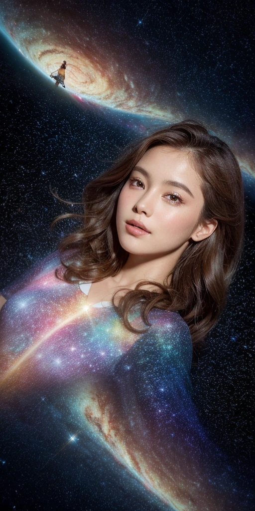 High detail, super detail, super high resolution, girl enjoying her time in the dream galaxy, surrounded by stars, warm light sprinkled on her, background is starry sky with colorful galaxies and galaxy clouds, stars flying around her, delicate face, adding playful atmosphere ,