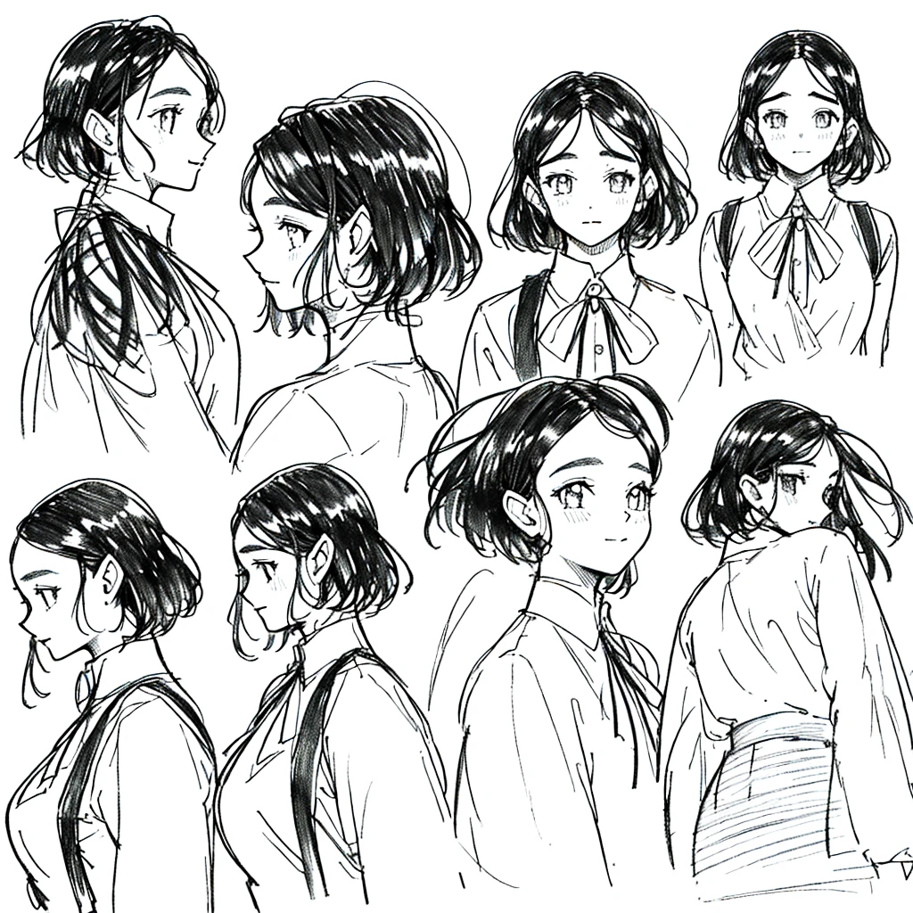 One Girl,Line art,Monochrome,sketch,Pencil drawing,Traditional Media,One Girl, skirt,Cute Teenage Girls, ,Beautiful portrait、Delicate body、Black Hair、Black Hair,landscape (Multiple Views, Multiple Angles), Side view, Front view, look up, Look down, Rear View, 20-degree head view