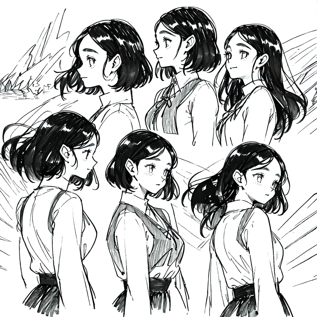 One Girl,Line art,Monochrome,sketch,Pencil drawing,Traditional Media,One Girl, skirt,Cute Teenage Girls, ,Beautiful portrait、Delicate body、Black Hair、Black Hair,landscape (Multiple Views, Multiple Angles), Side view, Front view, look up, Look down, Rear View, 20-degree head view