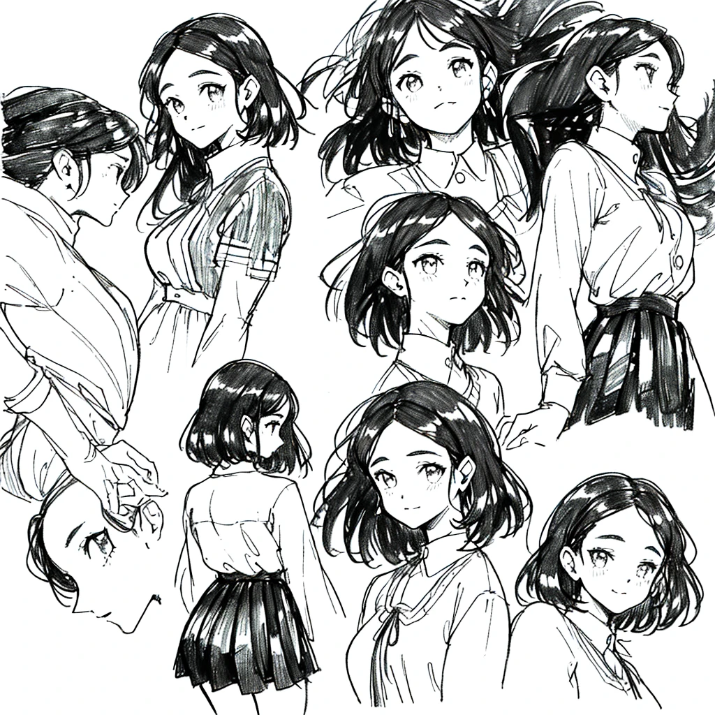 One Girl,Line art,Monochrome,sketch,Pencil drawing,Traditional Media,One Girl, skirt,Cute Teenage Girls, ,Beautiful portrait、Delicate body、Black Hair、Black Hair,landscape (Multiple Views, Multiple Angles), Side view, Front view, look up, Look down, Rear View, 20-degree head view