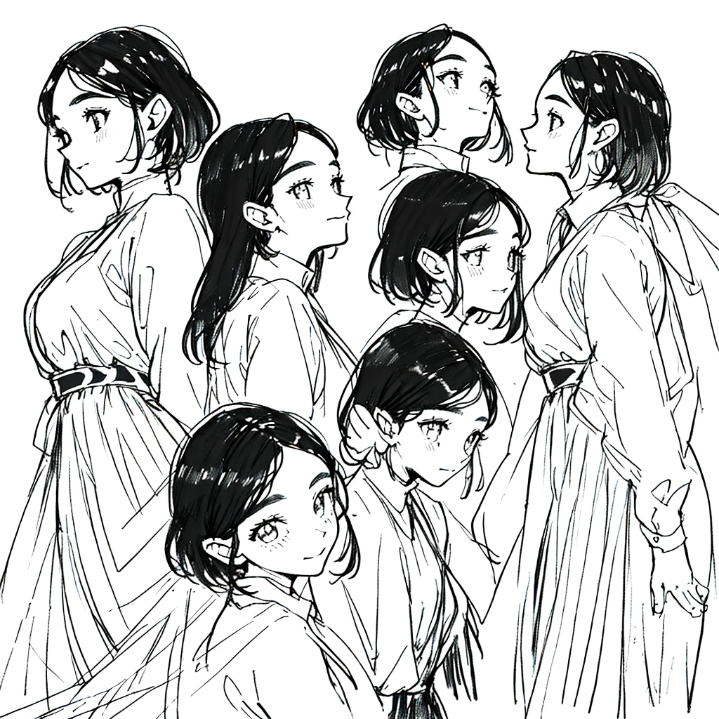 One Girl,Line art,Monochrome,sketch,Pencil drawing,Traditional Media,One Girl, skirt,Cute Teenage Girls, ,Beautiful portrait、Delicate body、Black Hair、Black Hair,landscape (Multiple Views, Multiple Angles), Side view, Front view, look up, Look down, Rear View, 20-degree head view