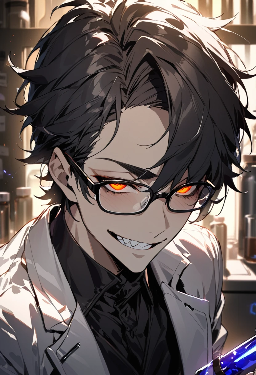(masterpiece, best quality), detailed face, solo, 1man, messy short hair, bishounen, mad scientist, scientist coat, glasses, lens flare, maniacal smile, sharp eyes, glowing eyes, holding science test tube, in laboratory, dark shadows, contrast, science, sinister, portrait, handsome

