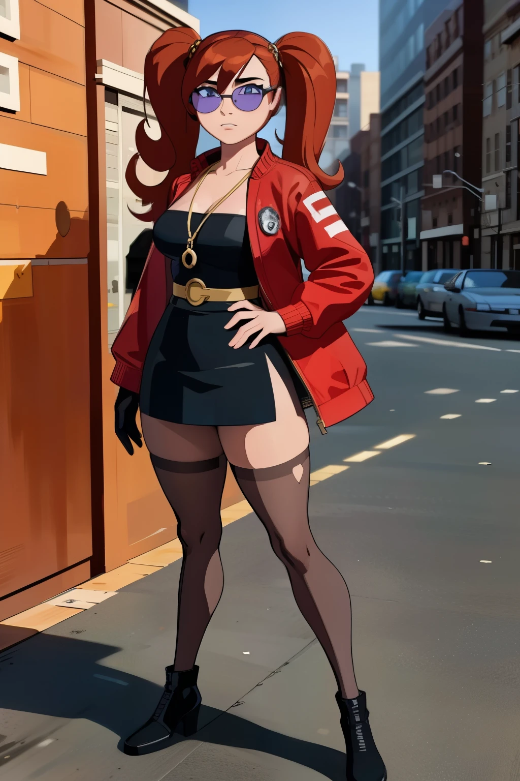 A highly detailed and realistic 3D model of a young woman standing confidently in front of an orange wall. She has red hair styled in twintails and blue eyes. She is wearing a red jacket over a black dress, black gloves, and thigh-high white socks. She has a pair of sunglasses resting on her head. The model should include subtle movement in her hair and the fabric of her jacket, as if a gentle breeze is passing through. The scene is set on a concrete surface with shadows cast on the ground, providing a realistic urban environment. The background should be simple and indoors with neutral colors. The model should be photorealistic and highly detailed, showcasing the character's stylish and modern look. Ensure that the model captures her confident posture and natural proportions, with special attention to the detailed outfit and accessories.