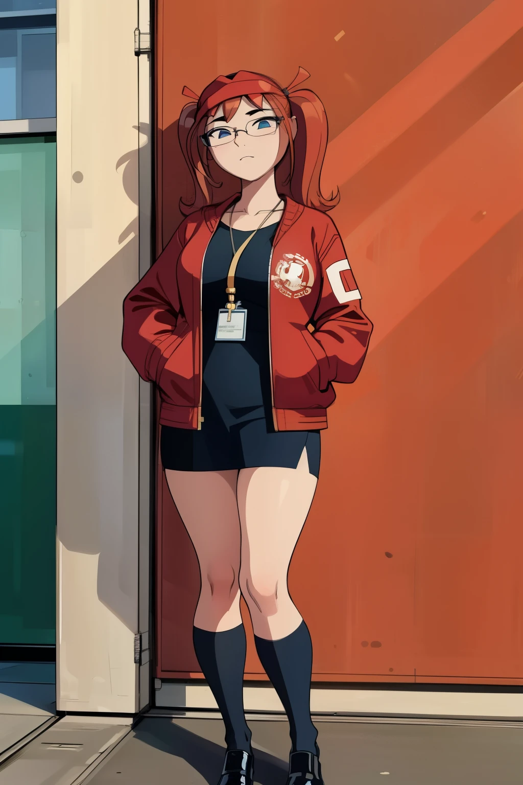 A highly detailed and realistic 3D model of a young woman standing confidently in front of an orange wall. She has red hair styled in twintails and blue eyes. She is wearing a red jacket over a black dress, black gloves, and thigh-high white socks. She has a pair of sunglasses resting on her head. The model should include subtle movement in her hair and the fabric of her jacket, as if a gentle breeze is passing through. The scene is set on a concrete surface with shadows cast on the ground, providing a realistic urban environment. The background should be simple and indoors with neutral colors. The model should be photorealistic and highly detailed, showcasing the character's stylish and modern look. Ensure that the model captures her confident posture and natural proportions, with special attention to the detailed outfit and accessories.