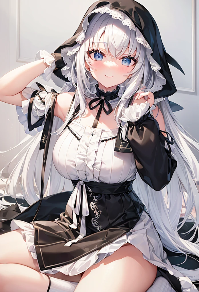 ((Highest quality)), ((masterpiece)), ((Very detailed)), (Very mature),A cute high school girl with a gentle look, white hair and about 165cm tall.,A high school girl with a cute smile and ample breasts wearing a transparent black wavy top with a cute patterned hood that shows off her shoulders, 顔が若干縦方向に長いbright笑顔の女性,Small Faced Woman,alone, Cute attitude,(background(bright),Long Hair - Straight,Knee-high socks、A transparent white veil with a cute pattern and a hood with white off-the-shoulders,White wall、Sitting、Facing the viewer、縁に模様がある壁が1面のbackground