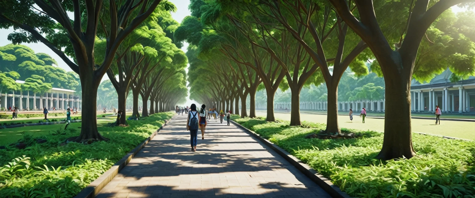 (Masterpiece, 4k resolution, ultra-realistic, very detailed), a university in Indonesia, realistic, bright, lots of students, shady trees, sunny morning weather