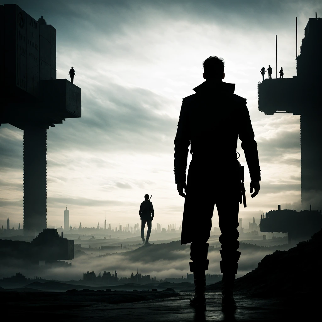 Dystopian world with a silhouette of a man in the middls