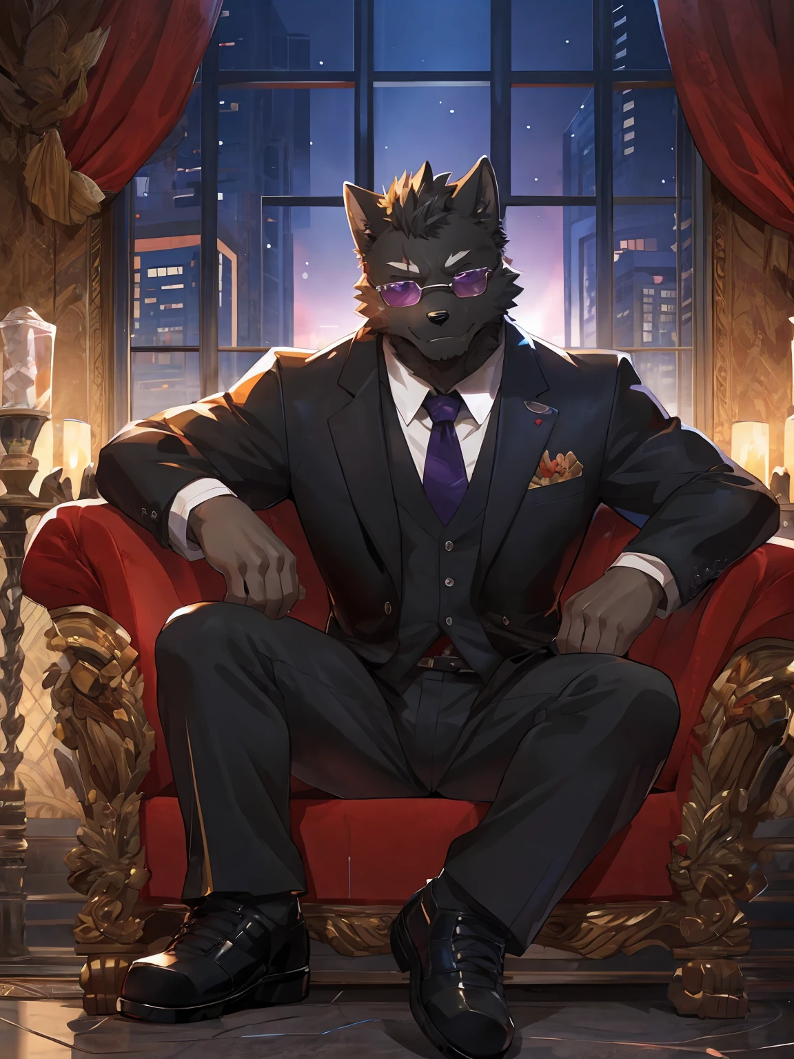 embedding:Black wolf,purple eyes, male, Scar on the face, Single Person,black fur,Black tattoo on his arm.Eyebrow studs,Broken eyebrow,black Sunglasses,Mob boss,Gangsters,Black suit,Leather shoes,A dark scene,Black tone,Dark style,In a luxury building,Sitting in a luxury villa,There is a big window behind it.Overbearing,A sense of oppression,Best quality hands, best quality eye,detailed fur,Delicate eyes.Extreme picture quality,by sollyz,by zixiong,by milkytiger1145