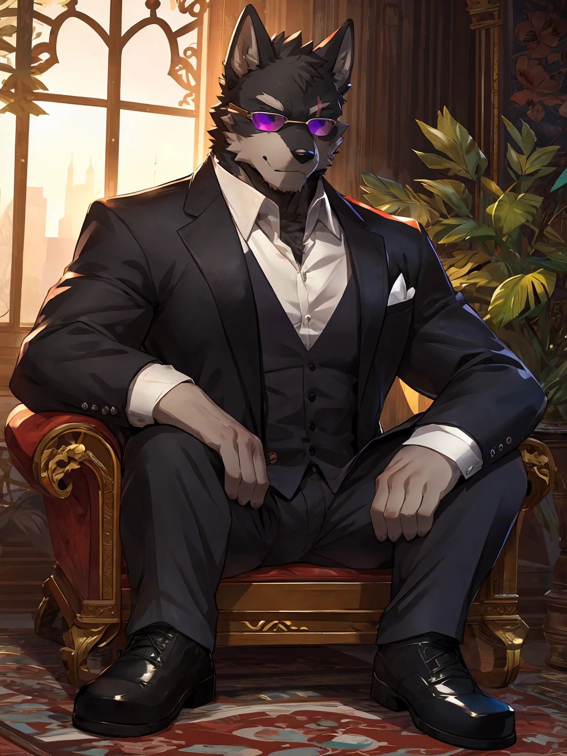 embedding:Black wolf,purple eyes, male, Scar on the face, Single Person,black fur,Black tattoo on his arm.Eyebrow studs,Broken eyebrow,black Sunglasses,Mob boss,Gangsters,Black suit,Leather shoes,A dark scene,Black tone,Dark style,In a luxury building,Sitting in a luxury villa,There is a big window behind it.Overbearing,A sense of oppression,Best quality hands, best quality eye,detailed fur,Delicate eyes.Extreme picture quality,by sollyz,by zixiong,by milkytiger1145