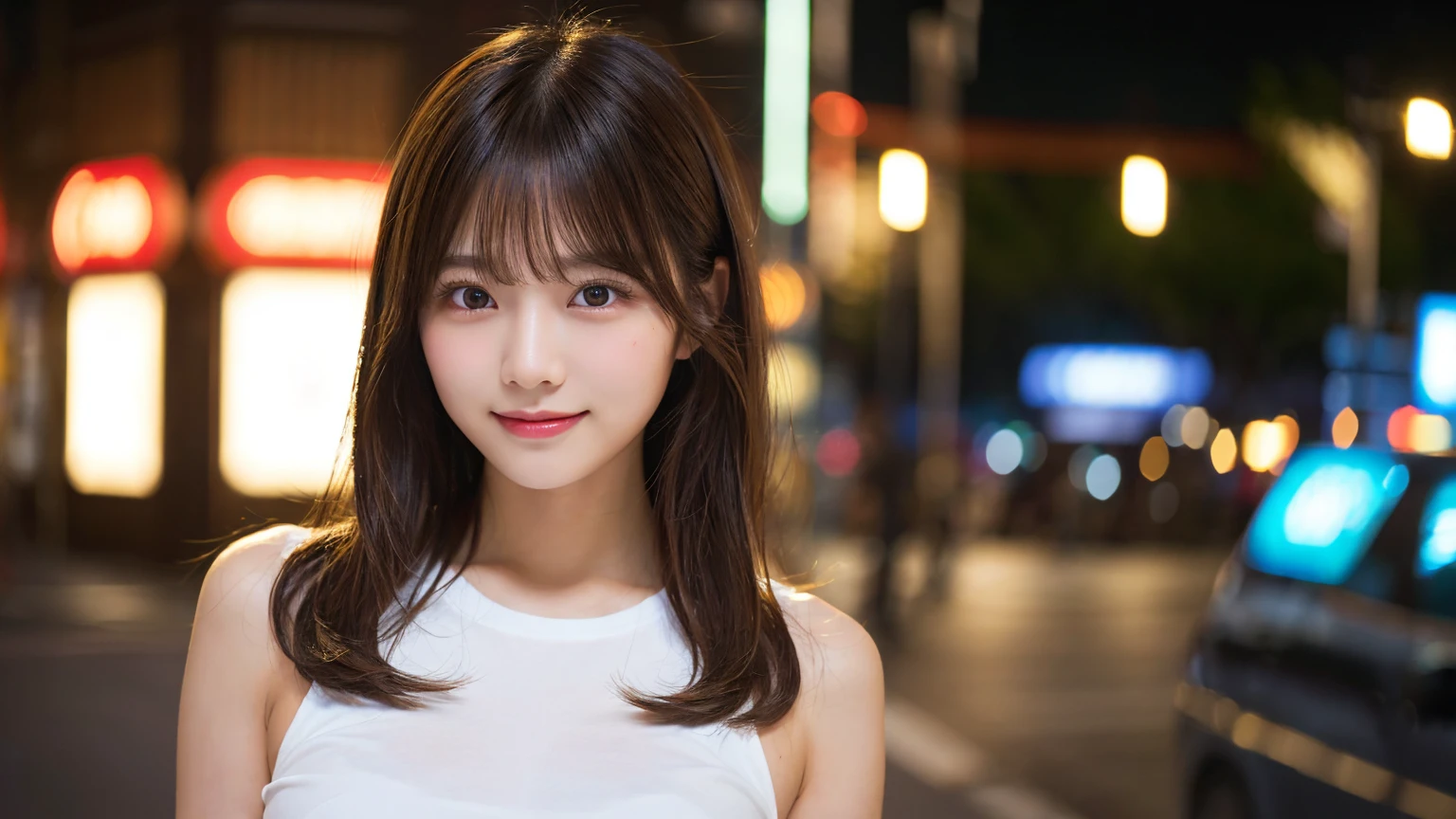 20-year-old girl,Japanese,Huge breasts, 1 girl per photo, Full Body Shot, View from the front, Japanese, cute girl, Luxurious appearance, Very cute face, The best smile,Glossy Lips, Sweaty body, Double eyelids on both eyes, Natural Makeup, Shiny and smooth light brown long hair, Asymmetrical bangs, Sunburned skin, Center image, 8K resolution, High detail, Detailed hairstyle, Detailed face, Great cinema lighting, Octane Rendering, Vibrant, Surreal, Perfect limbs, Perfect Anatomy,T-Shirts、Night view