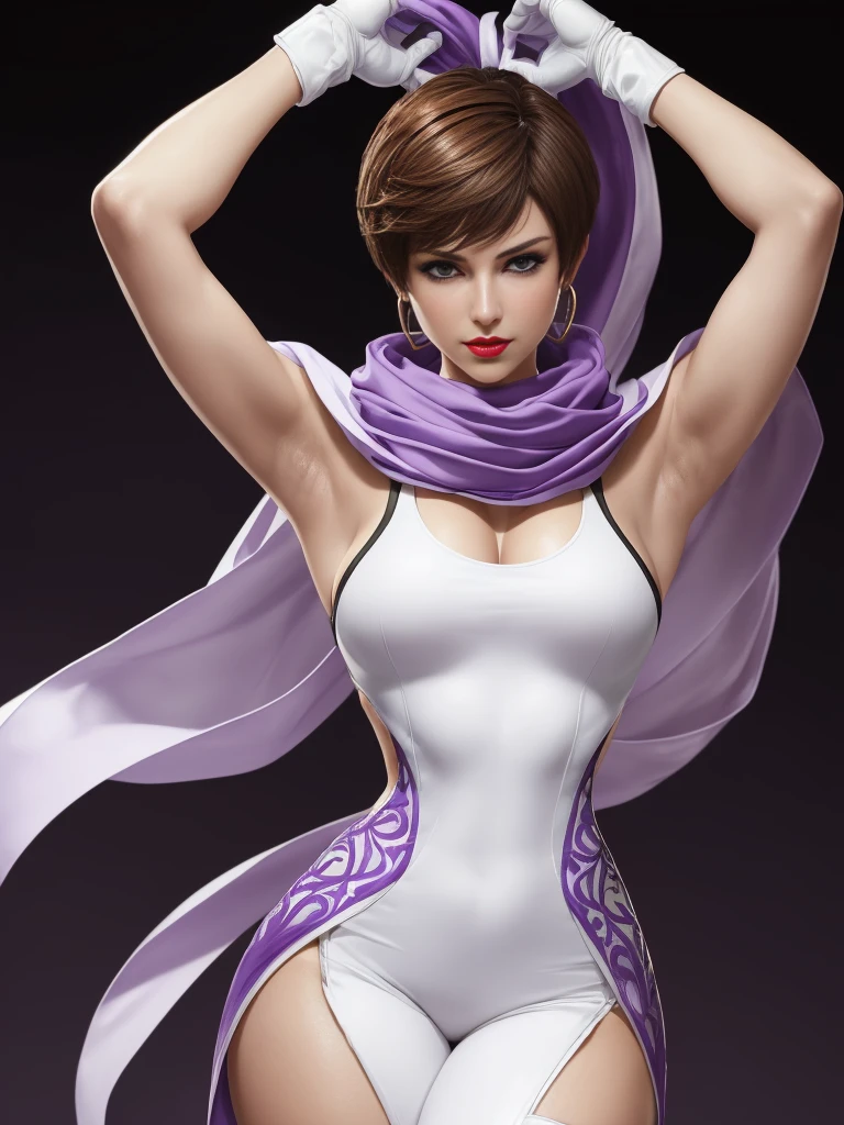 ((best quality)), ((4k)), ((highres)), ((masterpiece:1.2)). ((detailed)), ((ultra realistic)), ((intricate details)), ((full body picture)), ((solo character)), ((blank background)), ((standing in a blank background)), a full body shot of a beautiful european female, polish woman, polish beauty, ((emphasis on her fair skin complexion)), ((brown hair)), pixie haircut, ((PIXIE HAIRCUT)), ((VERY SHORT HAIR)), perfect face, gorgeous face, ((vivid hazel eyes)) detailed eyes, detailed lips, ((red lips)), about 6'3 tall, ((TALL WOMAN)), about 18 years old, muscular body, ROBUST FRAME, muscular arms, she's dressed in a sleeveless purple jumpsuit with high neck, ((PURPLE JUMPSUIT)), ((high neck)), no cleavage, ((no cleavage)), BLACK boots and white gloves, ((BLACK boots)), ((white gloves)), WHITE and purple SCARF AROUND HER neck WITH GOLD ADORNMENTS, ((WHITE and purple SCARF AROUND HER neck)), posing with her arms above her head, ((arms above head)), fighting game character concept art, tekken character design, the king of fighters character concept, full bofy, full body concept art, full body art
