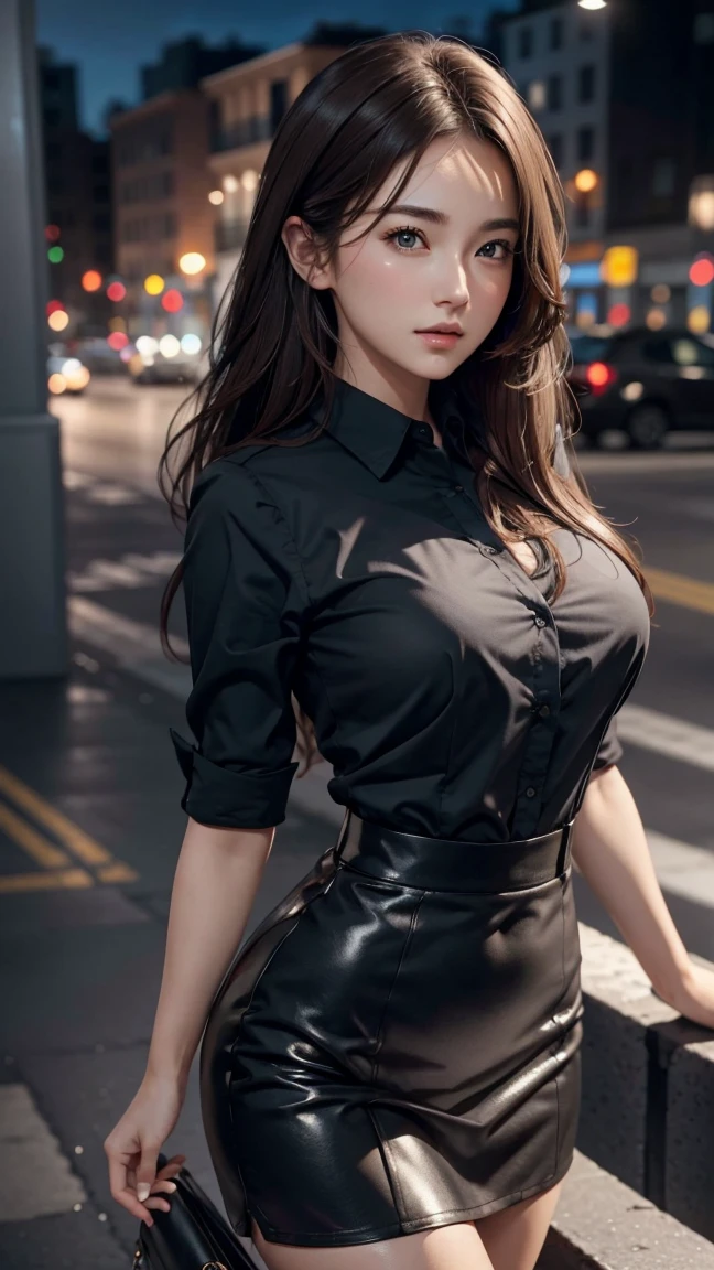 photorealistic, masterpiece, best quality, raw photo, from above, upper body:1.5, bust-up, night situation, 
BREAK,
1girl, biggest breasts, gigantic breasts:1.38, disproportionate breasts:1.38, medium-length hair, brown hair, (extremely pretty and beautiful Japanese actress face:1.3, Korean actress face:1.3, beautiful clean face), 
BREAK, 
classy collared shirt, black tight skirt,   
BREAK, 
looking at viewer, standing at corner, dark position, attractive emotion, rim lighting, cinematic lighting, at night, in the dark, deep shadow, at night, natural shading, low key, intricate detail, detailed skin, pore, highres, hdr, 4k, realistic,