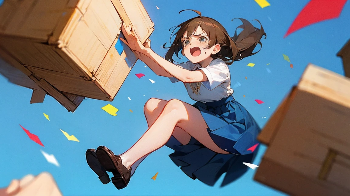 ((Highest quality)), ((masterpiece)), ((Very detailed)),Floatingする***,Angry expression，floating，Floating，Confetti，Brown Hair,tears,Levitating,Blue sky background,Feet in the air,tears,gravity,Long skirt,loafers,Raise both hands