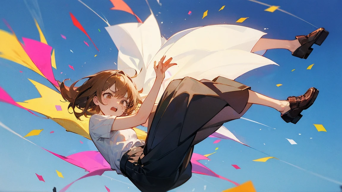 ((Highest quality)), ((masterpiece)), ((Very detailed)),Floatingする***,Angry expression，floating，Floating，Confetti，Brown Hair,tears,Levitating,Blue sky background,Feet in the air,tears,gravity,Long skirt,loafers,Raise both hands