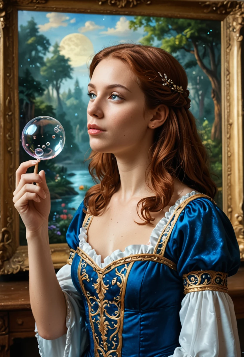 A painting,The painting shows a woman in a dress blowing bubbles, Loish and Wallop, ethereal bubbles, Mobis + Loish + Wallop, Dreamy and detailed, intricate Wallop, closeup fantasy with water magic, fairytale artwork, fairytale painting, Anna Dittmann (Anna Dittmann) style, Wallop art, Realistic fantasy, Artgerm Julie Bell Beeple