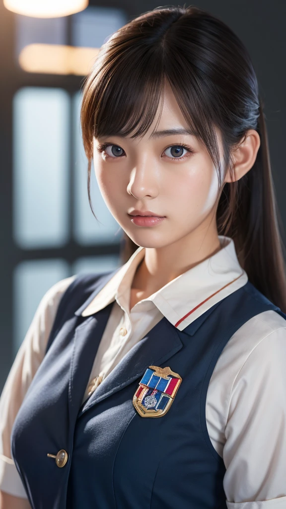 A beautiful young Japanese woman, around 20 years old, wearing a stewardess uniform, ultra-detailed, 8K resolution, highly realistic, cinematic lighting, best quality, masterpiece, photorealistic, physically-based rendering, extremely detailed, vivid colors, professional, sharp focus, studio lighting