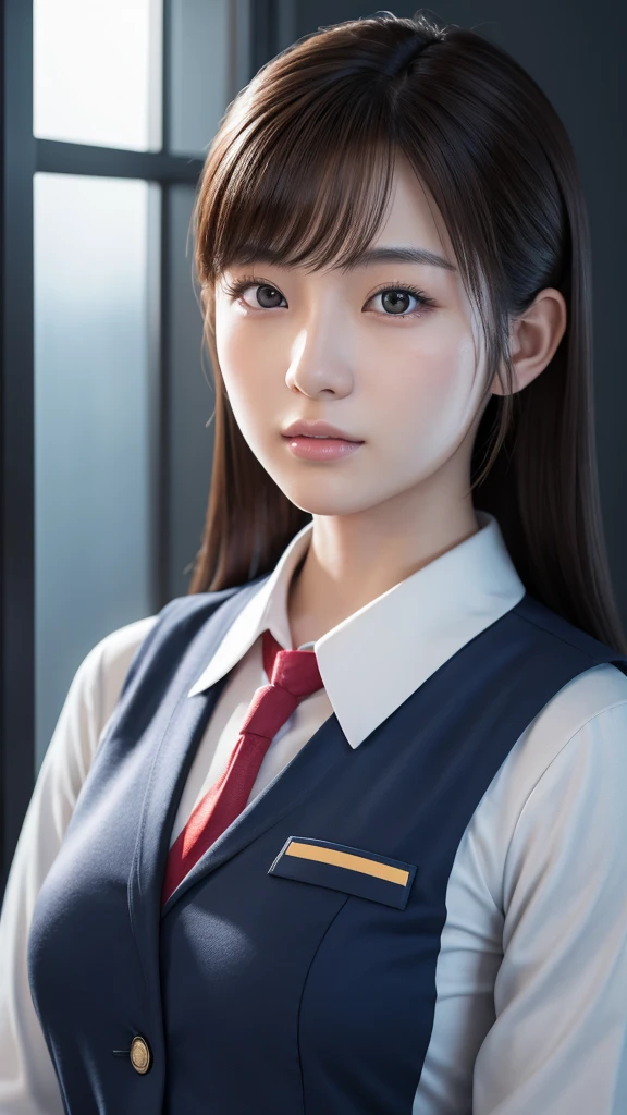 A beautiful young Japanese woman, around 20 years old, wearing a stewardess uniform, ultra-detailed, 8K resolution, highly realistic, cinematic lighting, best quality, masterpiece, photorealistic, physically-based rendering, extremely detailed, vivid colors, professional, sharp focus, studio lighting