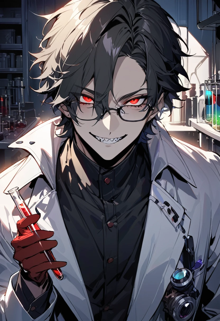 (masterpiece, best quality), detailed face, solo, 1man, messy short hair, bishounen, mad scientist, scientist coat, glasses, lens flare, maniacal smile, sharp eyes, glowing eyes, holding science test tube, in laboratory, dark shadows, contrast, science, sinister, portrait, handsome, shark teeth
