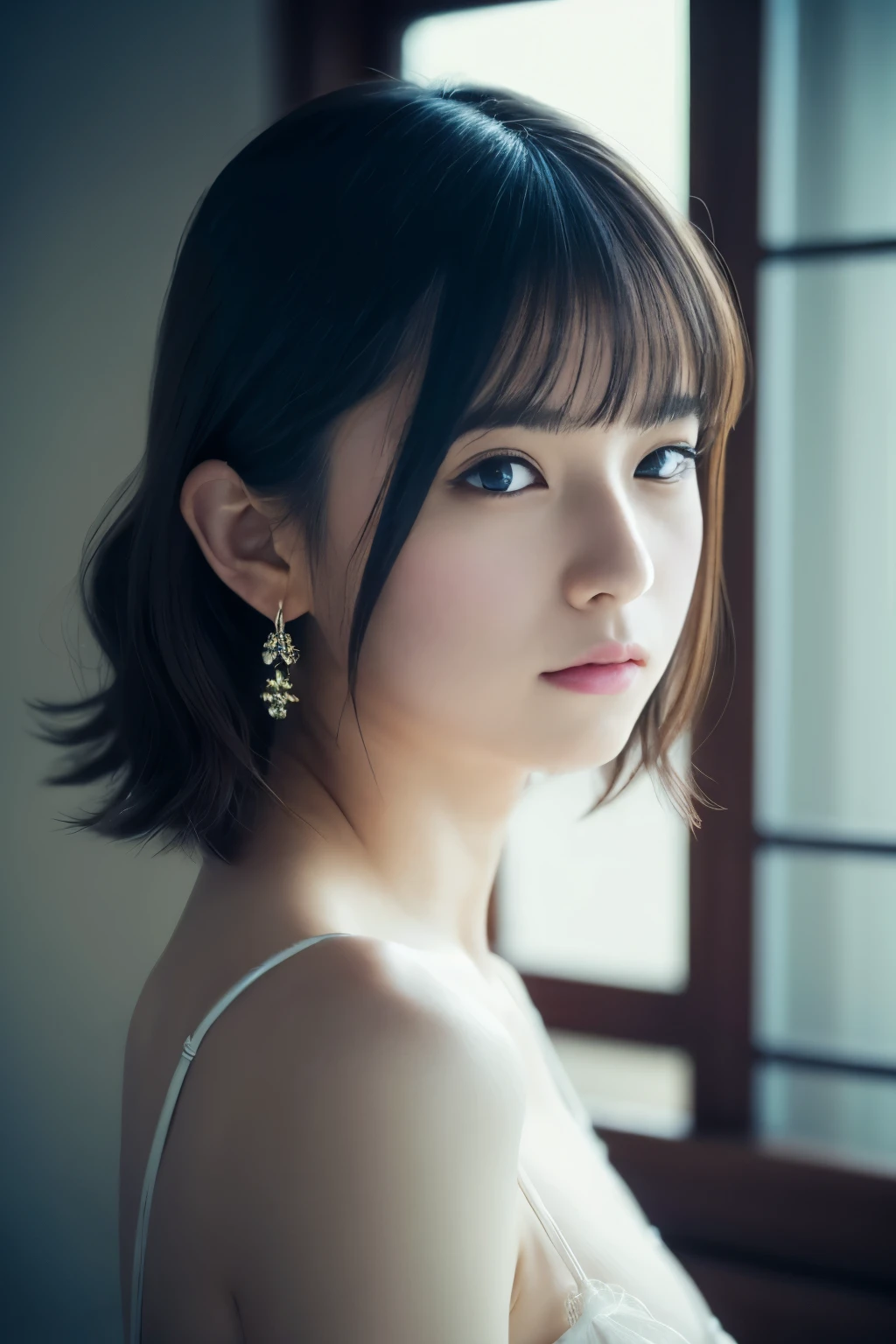 best quality, (masterpiece:1.2), illustration, ridiculous, (1 girl, Solitary. Wearing a white silk nightgown. Dreamy deep purple), (Beautiful and delicate girl), ((Upper Body, portrait) ), Very refined, wonderful, Highly detailed CG Unity 8k wallpaper, Very detailed, high resolution, light,Soft Light, Beautiful and delicate girl, Very detailed的眼睛和脸部, Beautifully detailed nose, Beautiful and delicate eyes, Kayla McMillan, hair,Black Hair, black eyes, Medium breasts, Crystal Earrings, , Perfect anatomical structure, fit, Looking at the audience, Elegant bedroom interior, night, , Dark curtains cover the windows,