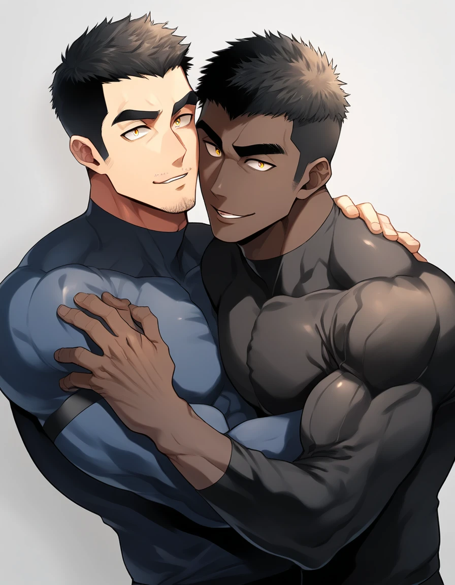 anime characters:Two superheroes in tights, Muscle superhero, negro black skin, They hugged and kissed each other, Bite your neck, Caress, Manliness, male focus, Yellow and black high collar long sleeve tight T-shirt, Slightly transparent material, Very tight, Round, full and perky chest muscles, Muscle waist, Slightly transparent, muscular male, muscular, only, Upper body, alone, Black short hair, Thick eyebrows, stubble, Yellow eyes, Grey background, simple background, amazing quality, best aesthetics, Ridiculous, bright pupils, crew cut, parted lips, seductive smile, torogao, naughty face, drop shadow, best quality