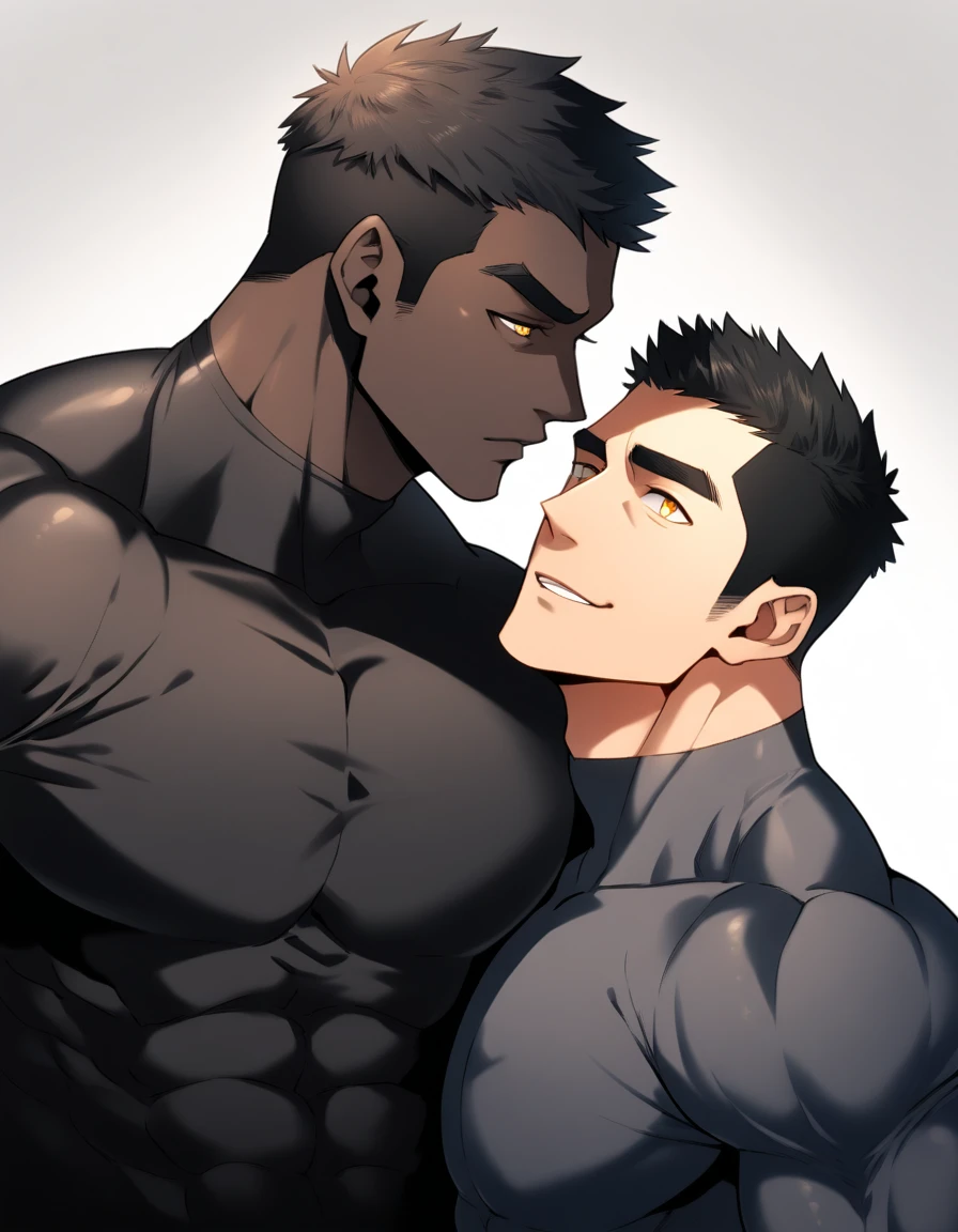 anime characters:Two superheroes in tights, Muscle superhero, negro black skin, They hugged and kissed each other, Bite your neck, Caress, Manliness, male focus, Yellow and black high collar long sleeve tight T-shirt, Slightly transparent material, Very tight, Round, full and perky chest muscles, Muscle waist, Slightly transparent, muscular male, muscular, only, Upper body, alone, Black short hair, Thick eyebrows, stubble, Yellow eyes, Grey background, simple background, amazing quality, best aesthetics, Ridiculous, bright pupils, crew cut, parted lips, seductive smile, torogao, naughty face, drop shadow, best quality