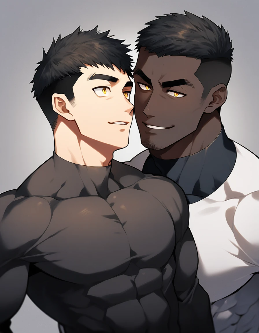 anime characters：Two superheroes in tights, Muscle superhero, negro black skin, They hugged and kissed each other, Bite your neck, Caress, Manliness, male focus, Yellow and black high collar long sleeve tight T-shirt, Slightly transparent material, Very tight, Round, full and perky chest muscles, Muscle waist, Slightly transparent, muscular male, muscular, only, Upper body, alone, Black short hair, Thick eyebrows, stubble, Yellow eyes, Grey background, simple background, amazing quality, best aesthetics, Ridiculous, bright pupils, crew cut, parted lips, seductive smile, torogao, naughty face, drop shadow, best quality