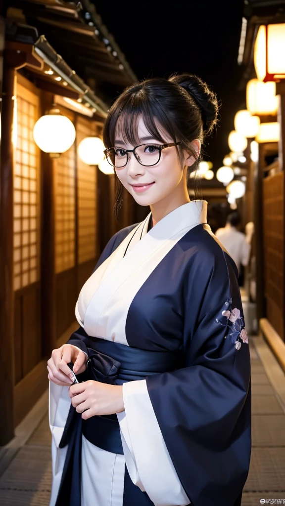 (Super beautiful woman in kimono)、((highest quality、8K masterpiece:1.3))、sharp focus:1.2、(super beautiful face:1.0)、(shiny skin:1.0)、realistic pictures、black hair、video lighting、High resolution eyes and face、video lighting、japanese actress、from the front、big breasts、with a happy smile、Slender abs beauty、whole body、wearing a kimono、in Kyoto、(((luxury obi)))、In Kyoto at night、wearing glasses with no edge、with a fan