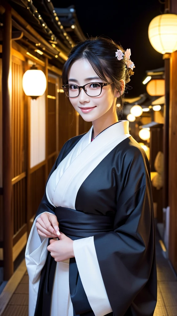 (Super beautiful woman in kimono)、((highest quality、8K masterpiece:1.3))、sharp focus:1.2、(super beautiful face:1.0)、(shiny skin:1.0)、realistic pictures、black hair、video lighting、High resolution eyes and face、video lighting、japanese actress、from the front、big breasts、with a happy smile、Slender abs beauty、whole body、wearing a kimono、in Kyoto、(((luxury obi)))、In Kyoto at night、wearing glasses with no edge、with a fan