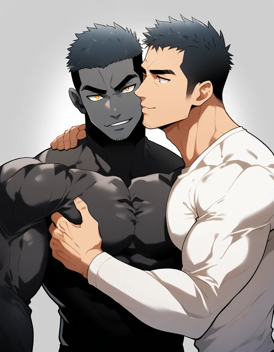 anime characters：Two superheroes in tights, Muscle superhero, negro black skin, They hugged and kissed each other, Bite your neck, Caress, Manliness, male focus, Yellow and black high collar long sleeve tight T-shirt, Slightly transparent material, Very tight, Round, full and perky chest muscles, Muscle waist, Slightly transparent, muscular male, muscular, only, Upper body, alone, Black short hair, Thick eyebrows, stubble, Yellow eyes, Grey background, simple background, amazing quality, best aesthetics, Ridiculous, bright pupils, crew cut, parted lips, seductive smile, torogao, naughty face, drop shadow, best quality