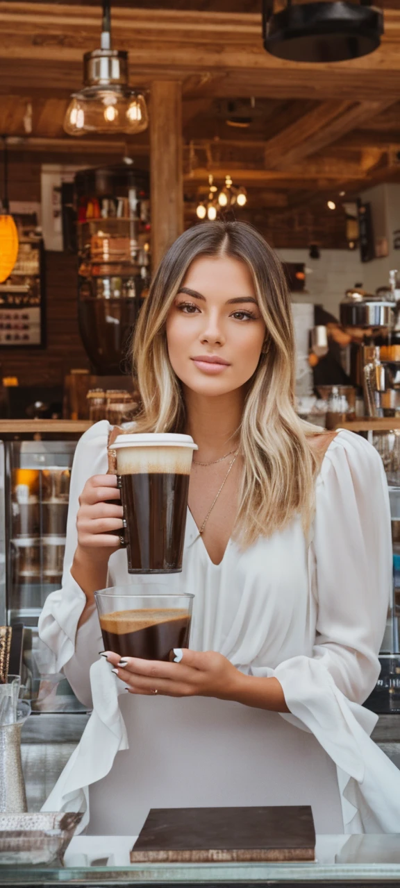A photographie hight realistic of a girl in a cafe.
She have black hair and she is dressed in a beautiful white dress and drinks her coffee.