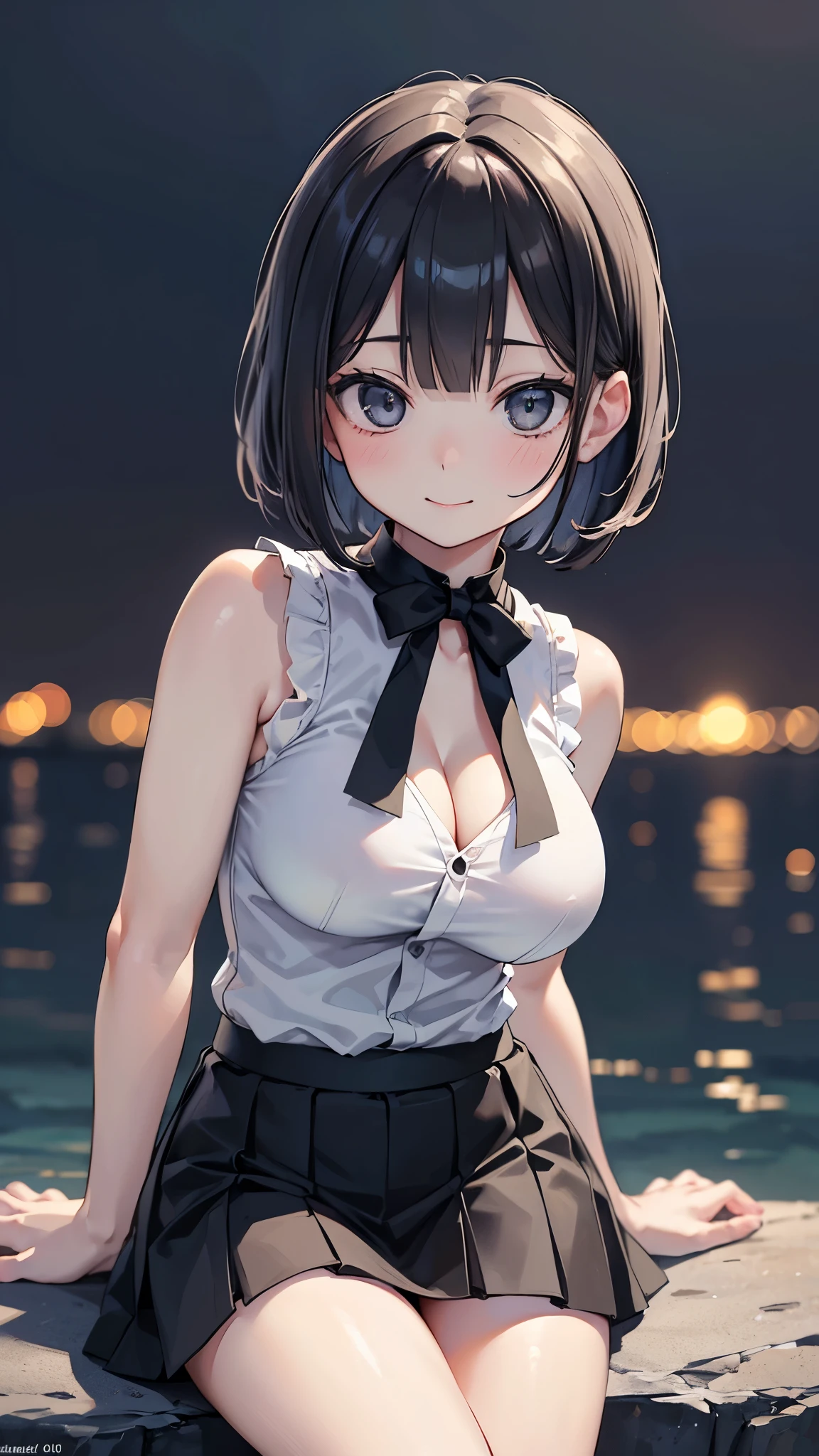 (masterpiece:1.3, Highest quality, Ultra-high resolution, Very detailed), (Realistic:1.1, photoRealistic:1.4), Beautiful illustrations, Perfect lighting,Written boundary depth, Beautiful detailsまでこだわった髪, Beautifully detailed face, Beautiful details, Beautiful clavicle, Beautiful body, Beautiful and juicy breasts, Beautiful thighs, Beautiful feet, View your viewers, 1 Girl,Perfect Face, (Perfect Anatomy, Anatomically correct), Cute and symmetrical face、Baby Face、((Shiny Hair)),(Beautiful views),(Outdoor, Blurred night cityscape),(かわいいsmile, smile)、Sexy Body、(masterpiece),(Highest quality:1.3),8K,Very clear,(Ultra-realistic), One Girl,Wide Shot,((Large Breasts)),Wide Hips,Beautiful feet, Captivating woman、(masterpiece、Highest quality、Very detailedな)、((1 Girl))、((Black short bob))、black eye、((とてもLarge Breasts))、Cleavage、((((White sleeveless shirt))))、((Black mini skirt))、Cowboy Shot、Sitting on a stone wall、Photographed from directly in front、