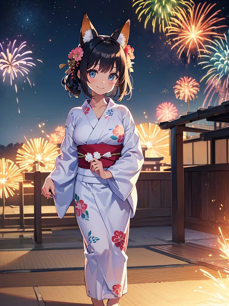 (masterpiece, Highest quality, Super detailed),One girl,((super fine illustration)),((cute eyes,highly detailed skin)),((smile)),(well endowed,Blessed,Captivating body、Detailed Background)、(yukata:1.5),firework,(大量のfirework,Night view,Ocean)、Festivals, full body、(Animal ears、Fox's Tail、White Hair、Long Hair)