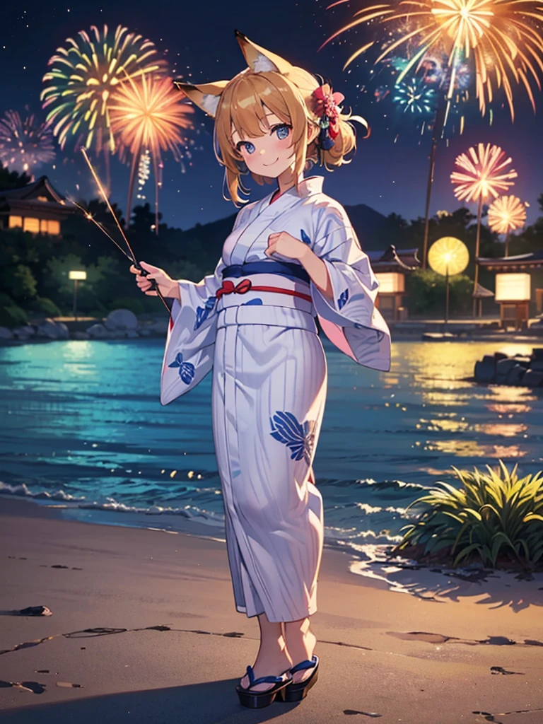 (masterpiece, Highest quality, Super detailed),One girl,((super fine illustration)),((cute eyes,highly detailed skin)),((smile)),(well endowed,Blessed,Captivating body、Detailed Background)、(yukata:1.5),firework,(大量のfirework,Night view,Ocean)、Festivals, full body、(Animal ears、Fox's Tail、White Hair、Long Hair)