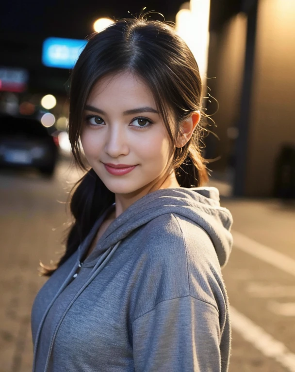 canon rf 85mm f1.2, (masterpiece:1.3), 8K, Photorealsitic, Raw photography, (Top image quality:1.4), asian high school girls, (volume high ponytail hair), (breast size:1), Super Detail Face, (sharp focus:1.2), (pretty woman:1.4), top-quality, masterpiece, A high resolution, (Photorealsitic:1.4), Highly detailed and professional lighting, slender, serious facial expression, rules of third, 1 person, pretty eyes, sexy_smile, standing on the street at night, sexy pose, wearing plain solid grey hoodie,