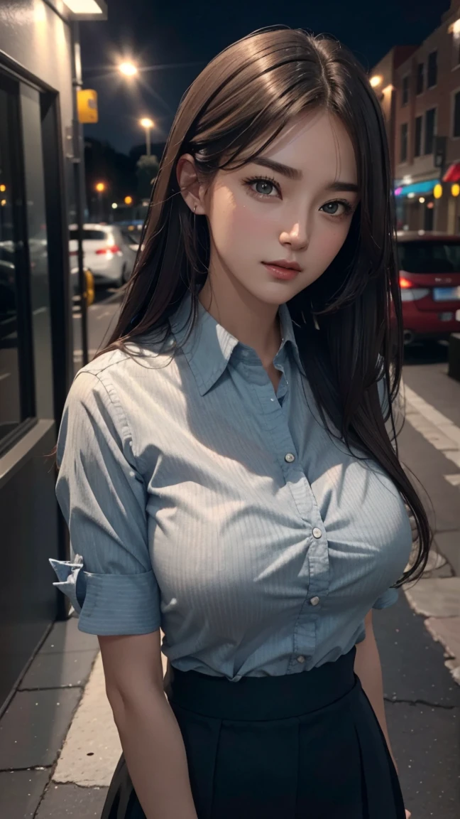 photorealistic, masterpiece, best quality, raw photo, from above, upper body:1.5, bust-up, night situation,
BREAK,
1girl, biggest breasts, gigantic breasts:1.38, disproportionate breasts:1.38, medium-length hair, brown hair, (extremely pretty and beautiful Japanese actress face:1.3, Korean actress face:1.3, beautiful clean face),
BREAK,
classy collared shirt, black tight skirt,
BREAK,
looking at viewer, standing at corner, dark position, attractive emotion, rim lighting, cinematic lighting, at night, in the dark, deep shadow, at night, natural shading, low key, intricate detail, detailed skin, pore, highres, hdr, 4k, realistic,