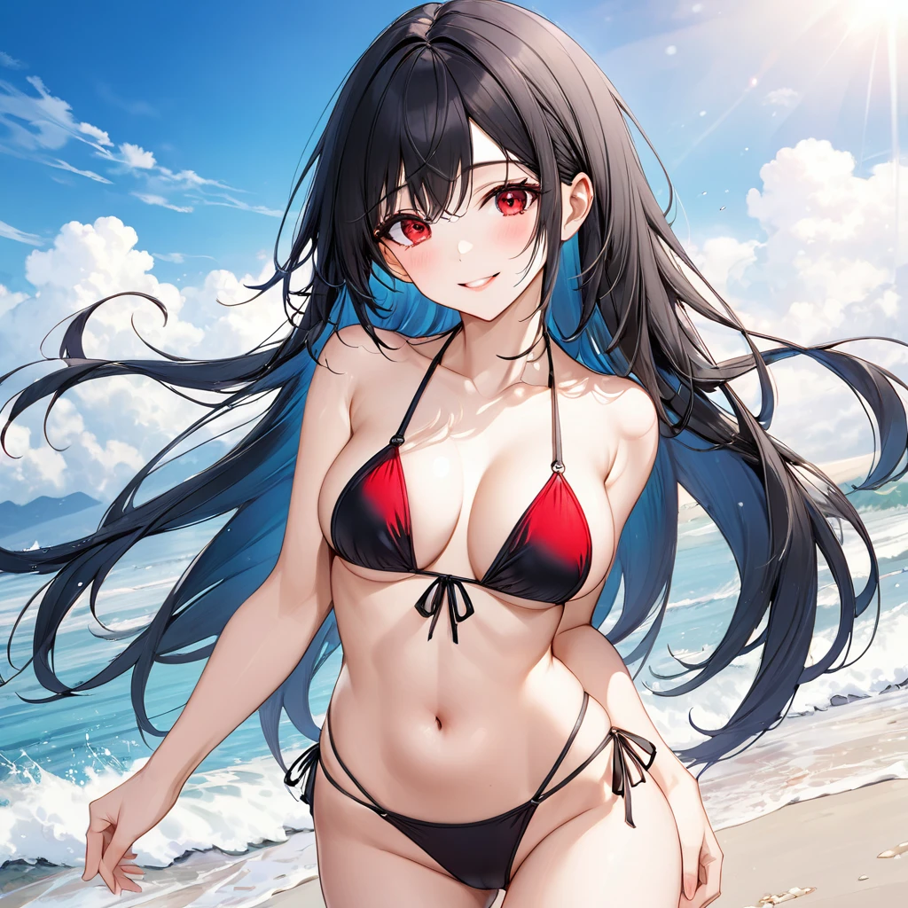 (enjoy style) (in a sexy High leg bikini sexy swimsuit), (dynamic pose) (18 yo, solo:2 straight black hair long hair sexy dominance girl, cool red eyes, ecstasy love smile, big tits), break, in the beautiful Sandy Beach, background beautiful ocean), BREAK, perfect anatomy, masterpiece, best quality, 16k, beautiful detailed grow, daydreaming expression.
