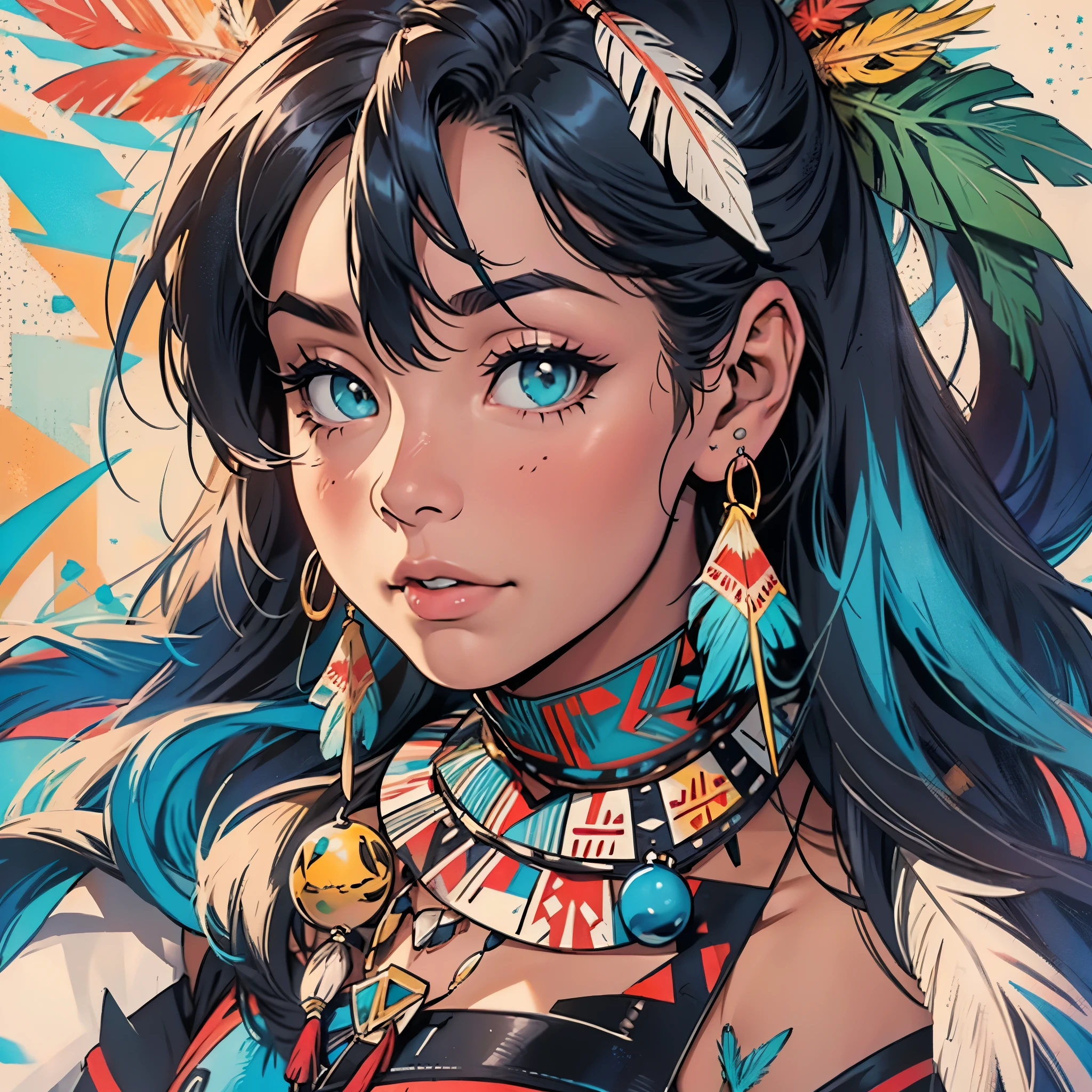 (((ultimate best quality))),((((solo:1.12)))),((((1girl:1.12)))),((((beautiful perfect woman)))),(((detailed perfect body, detailed perfect finger,detatiled perfect face))),(((bust up, close up))),(((((American comics))))),(((extreme highlights))),(((Extremely colorful, primary colors))),(cleavage, big breast)),(((perfect beautiful lady))),((((various angles))),((((detailed Indian,Tribe, Navajo, feather ornament)))),((((black skin)))),(((indigenous peoples))),owl,turquoise,Ivory Necklace