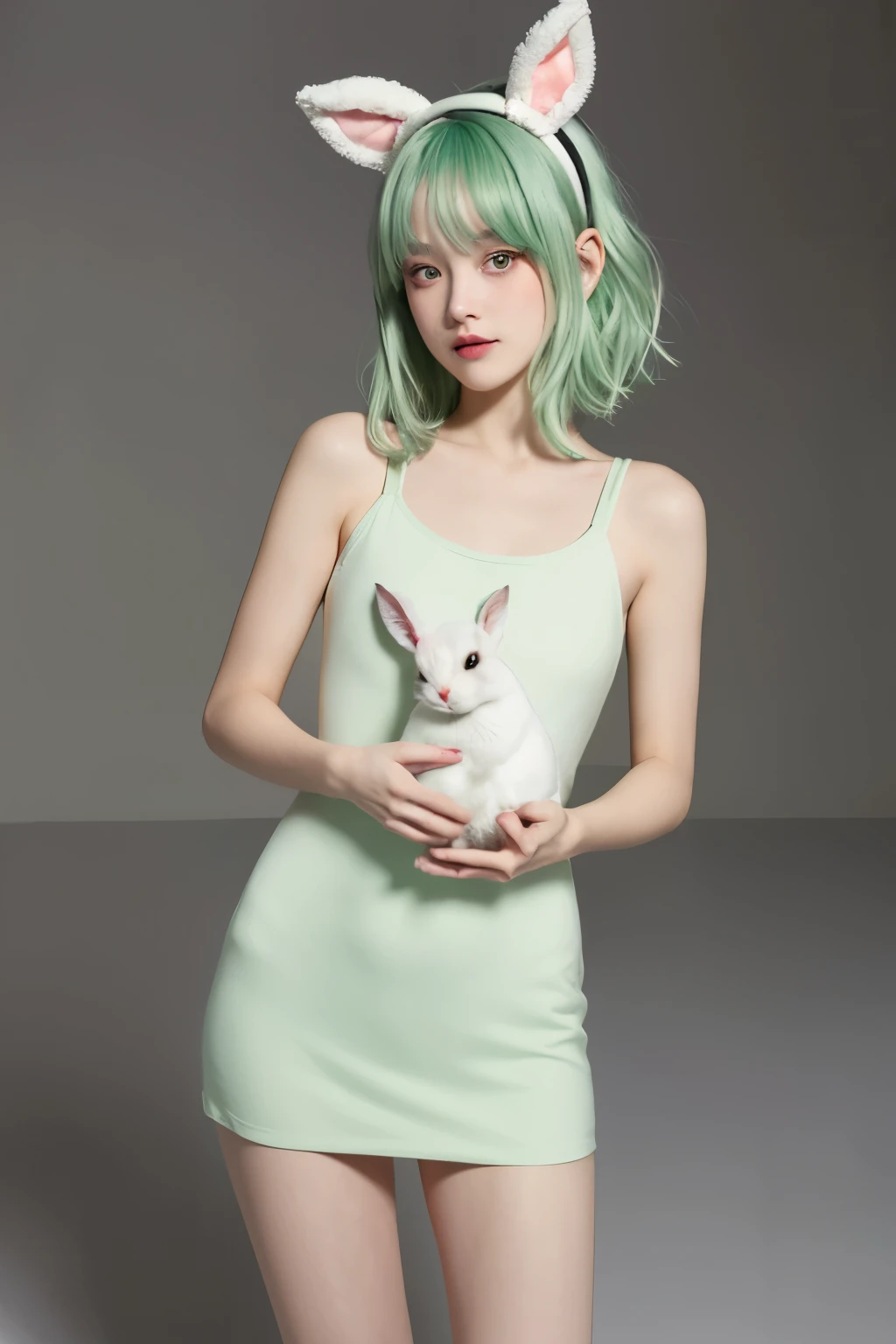 a small girl, light green hair, white one-piece dress, holding a rabbit headband