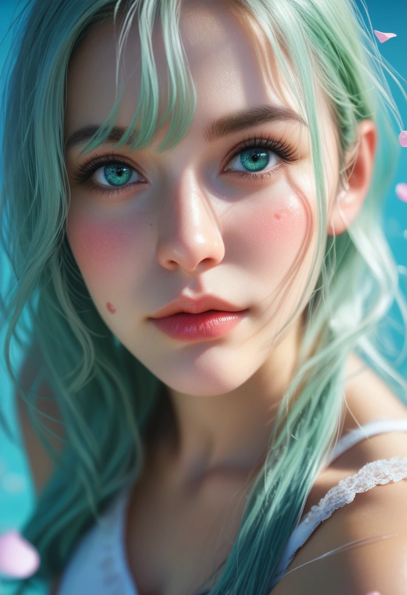 score_9, score_8_above, score_7_above, 1girl, realistic, Girl's profile picture, light green long hair with bangs, light blue petals on cheeks, realistic skin texture, detailed picture, close-up, HD32k