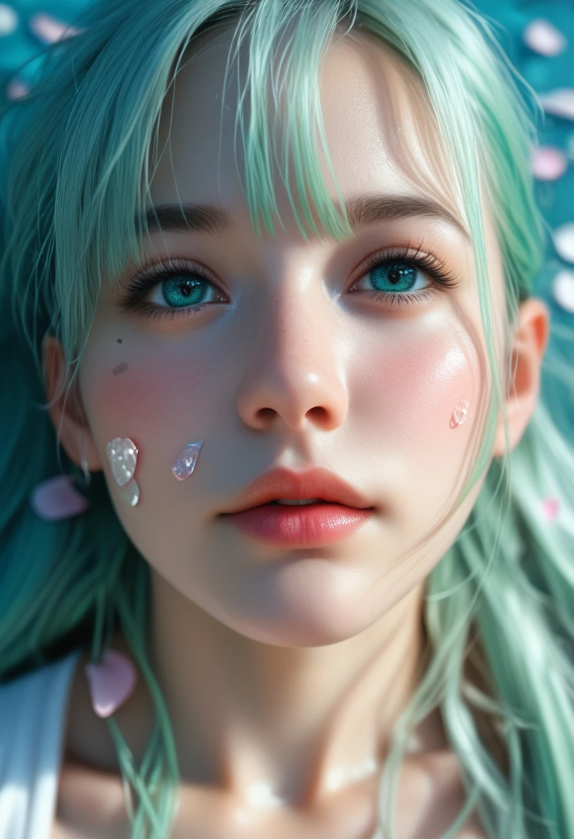 score_9, score_8_above, score_7_above, 1girl, realistic, Girl's profile picture, light green long hair with bangs, light blue petals on cheeks, realistic skin texture, detailed picture, close-up, HD32k