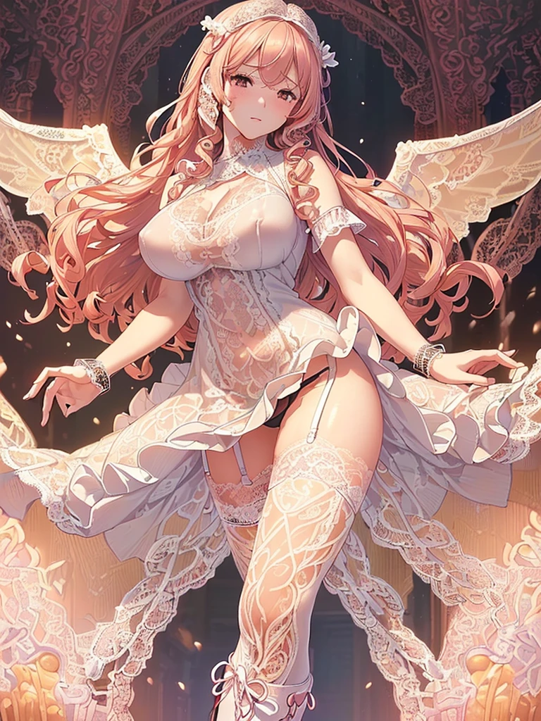 ((Highest quality)),(Ultra-high resolution),(Very detailed),(Detailed Description),((The best CG)),(A masterpiece),Ultra-detailed art,Amazing painting art,(Works with precise details:1.5), (1 female:1.6),(Beautiful and well-proportioned face:1.5),(Curly Hair:1.6),(Intricately detailed lace dress:2.0),Fine jewellery with exquisite detailing:1.5,Waist Accessories:1.5,Look at me and smile:1.5, See-through nipples, Angel Girl, (((Magnificent white angel wings on his back:1.2))), Mature Woman,Descended into the church,(Pastel colored hair:1.3),(Red and black long high heel boots:1.4), (garter belt), (stockings)、 (Floating in the sky with magical powers:1.2),(Floating skirt:1.5), (Embarrassed expression, blush:1.2),(bracelet),(heart choker)