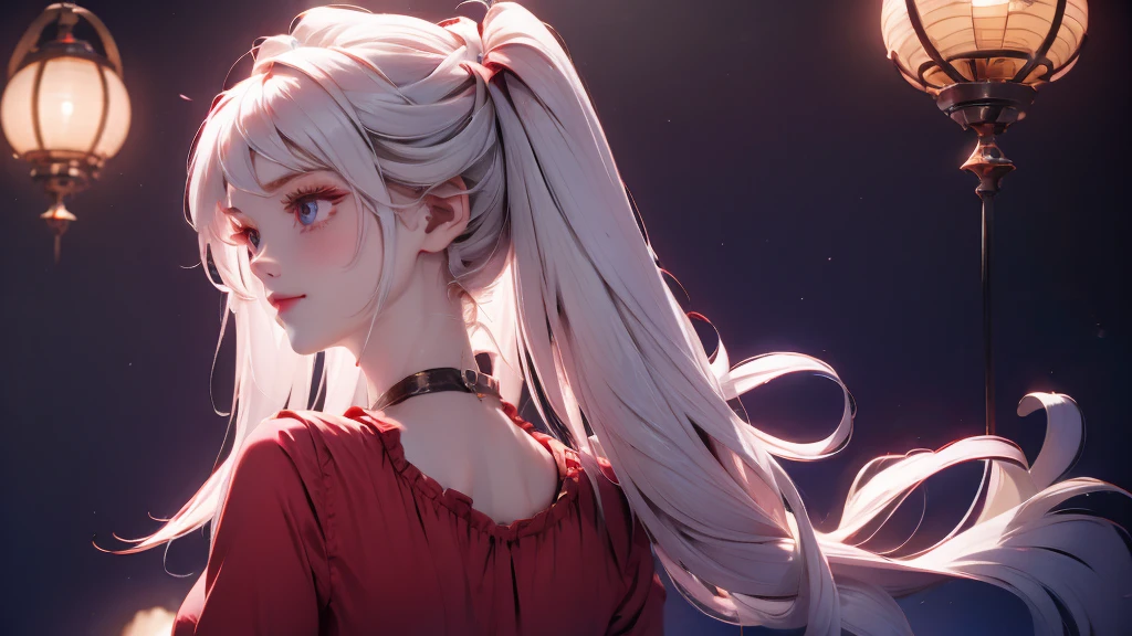 1 Girl, medium light white hair, light white eyes, wearing red suit, night home 18+, high res, ultrasharp, 8K, masterpiece, looking from behind