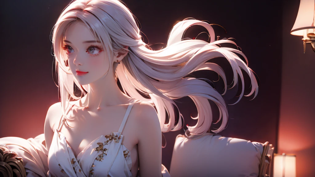 1 Girl, medium light white hair, light white eyes, wearing red suit, night home 18+, high res, ultrasharp, 8K, masterpiece, looking from behind