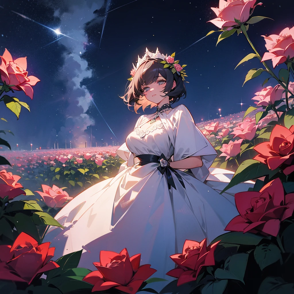 Roses resemble diamonds in a very large flower garden, at night