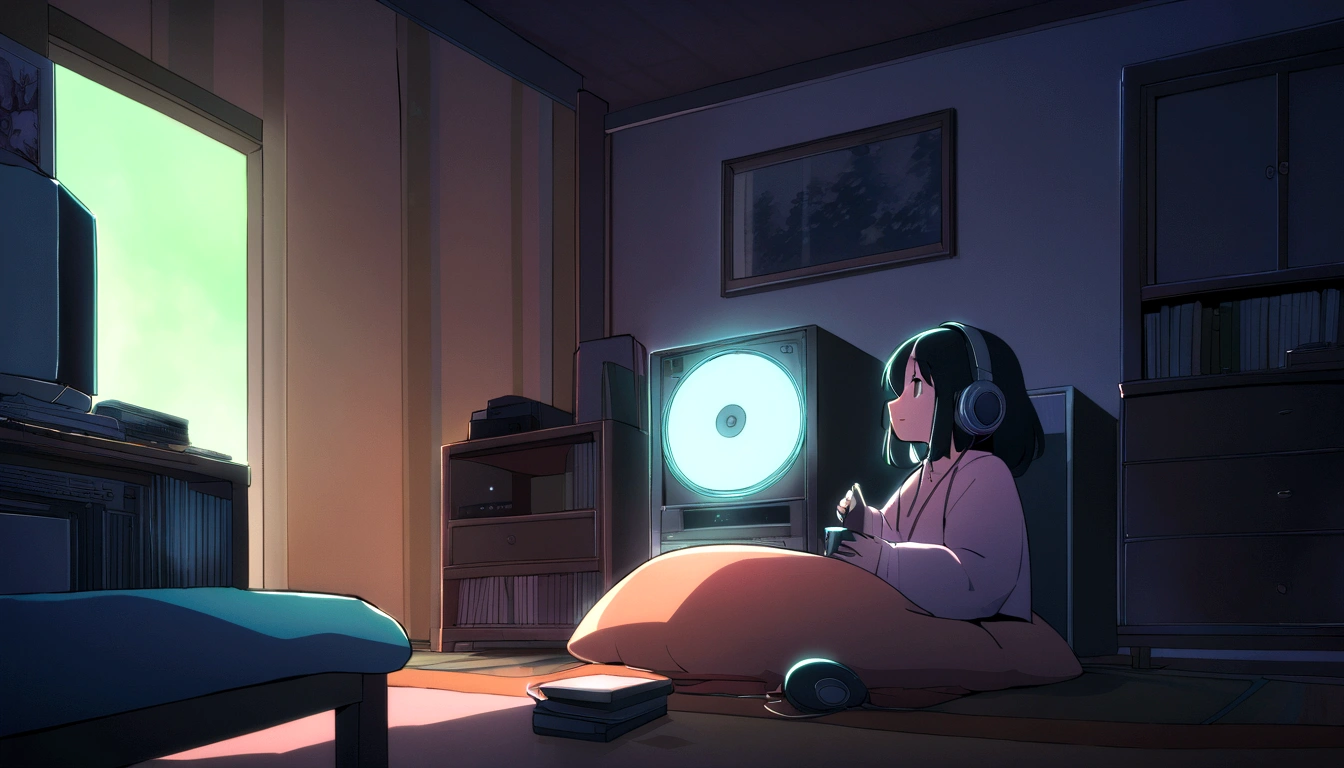 ( High quality 2D animation) night、Girl listening to music in a cozy room, Use headphones, 2D Anime Style, Lo-Fi, hard disk, Half dark