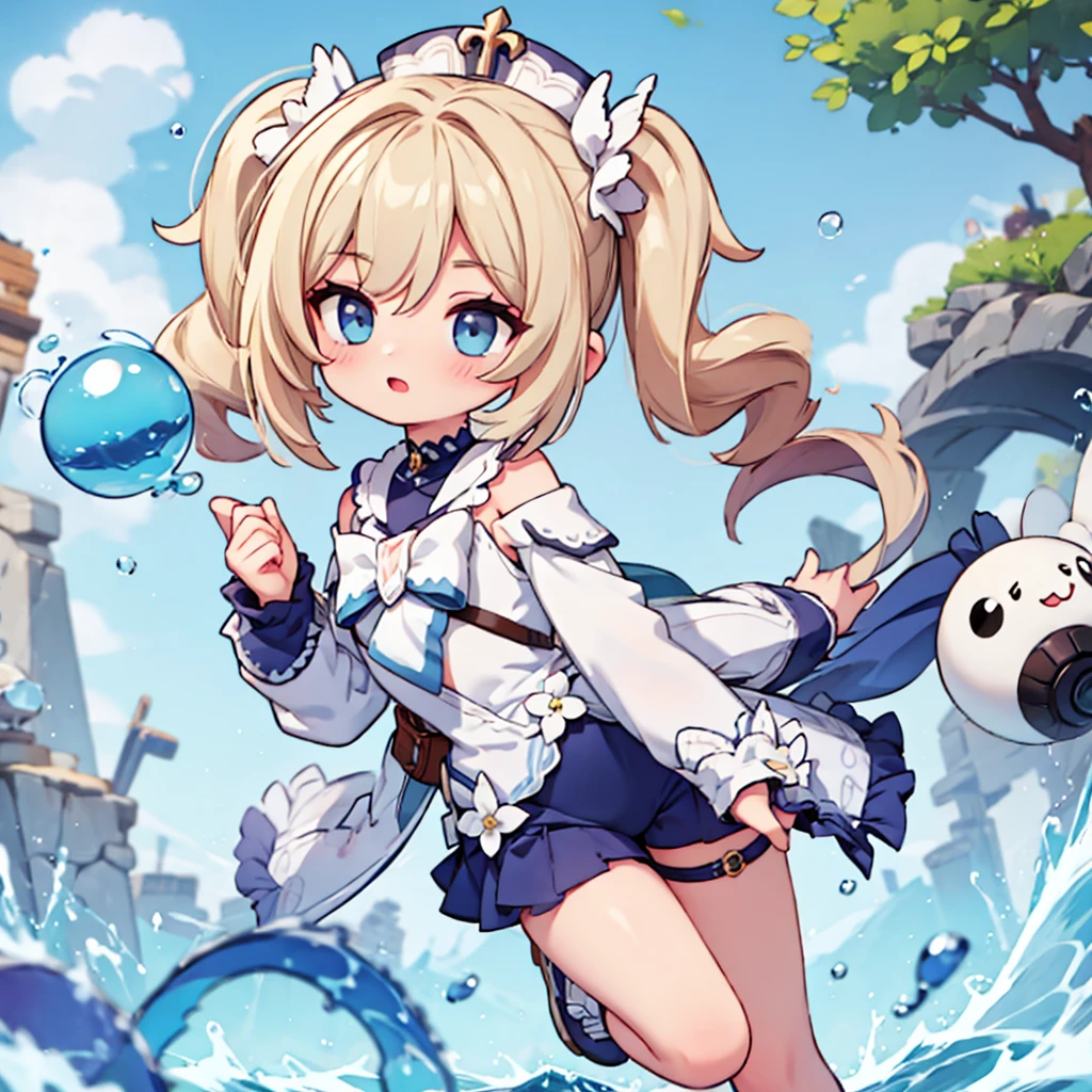 chibi barbara is standing, there are blue bubbles around her