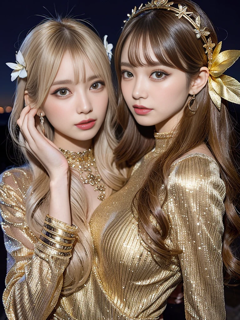 Gorgeous idol trio covered in gold、whole body、good style、、、、、golden body、、golden hair and skin、golden town