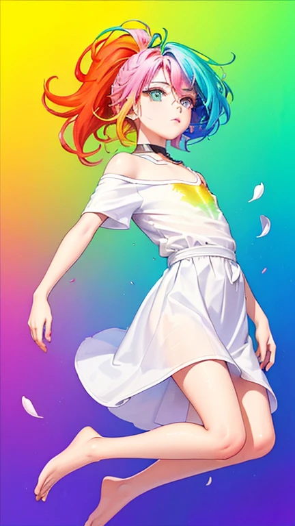 （Pink fashion t-shirt：1.9），(multicolored hair: 1.8), (all the colors of the rainbow: 1.8),(((((vertical dyeing：1.6))), （dyeing：1.6），Front, comics, illustrations, dyeings, big eyes, heterochromia, crystal clear eyes,（ Радужный gradient цвета, high ponytail：1.7）, Exquisite makeup, closed mouth,(Little Fresh: 1.5),(clothed chest: 1.6) ，Long eyelashes, white off-the-shoulder t-shirt,  white shirt with shoulders, bare feet，I look at the audience, big watery eyes, (rainbow colored hair：1.6), цветовой splash, （One：1.8）, цветовой splash, color explosion, thick dye style, messy lines, ((brilliant))，(Colorful), (Colorful), (Colorful), Colorful, Thick dye Style, (splash) (Color splash), Vertical dyeing, whole body, dye splash, acrylic pigment, gradient, dye, Highest image quality, top quality, masterpiece, One, depth of field, Face dye,  Colorful clothes, (elegant: 1.2), fabulous,long hair, wind, (elegant: 1.3), (petals: 1.4)，(((masterpiece))),(((Best quality))),((ultra detailed)),(illustration),(dynamic angle),((Floating)),(dye),((wild hair)),(One),(1 boy) , (((detailed anima face))),((beautiful detailed face)),collar,bare shoulders,White hair, ((Colorful hair)),((highlighted hair)),beautiful detailed eyes,(gradient color eyes),(((Colorful eyes))),(((Colorful background))),(((high saturation))),(((surrounded by Colorful splashes))), (((flat male chest))), (((male)))


